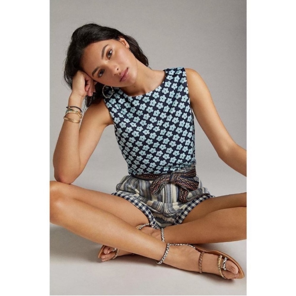 Anthropologie Eva Franco Sleeveless Floral Pattern Top in Navy and Light Blue